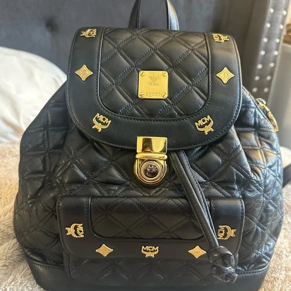 MCM Black Quilted Backpack with Gold Accents MCM Quilt Black Leather Backpack Vintage | eBay main image 3
